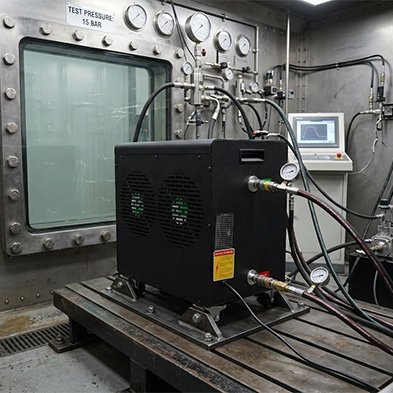 Pressure test room for ice bath chiller safety testing