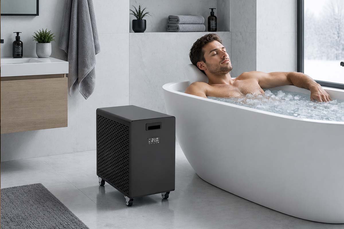 Quiet ice bath chiller for indoor cold plunge recovery setup