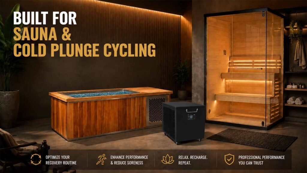 CHILLMEND IC-Pro H15 | 1.5 HP Sauna Ice Bath Chiller for Contrast Therapy 5 Built for Sauna & Cold Plunge Cycling